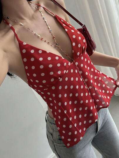 DAZY 女士白色波点红色吊带露背细肩带系带休闲吊带衫，适合春季、夏季、音乐节、情人节、婚礼、海滩度假等场合。