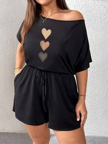 Shapeblank Plus Size Women Black Asymmetrical Shoulder Drawstring Waist Jumpsuit Home Summer Casual - Multicolor - View 7