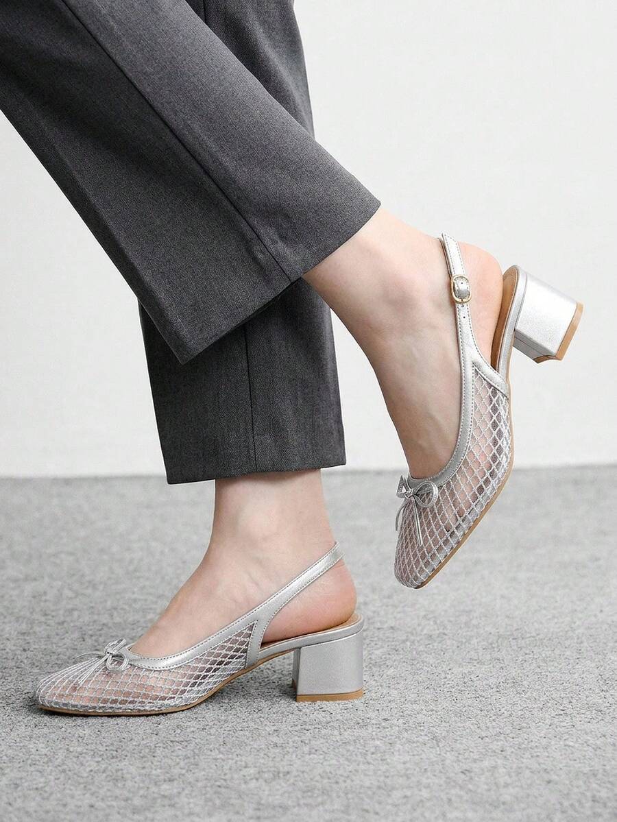 CUCCOO BIZCHIC 女士时尚高跟鞋,蝴蝶结装饰,厚底网纱鞋跟,全球四季通勤,优雅百搭,适合节日度假、办公室户外日常穿着。 - 灰色 - 查看 1