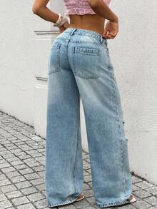 Rivivi Quần jeans ống đứng cạp thấp, in họa tiết số, kiểu dáng thời trang, rách rưới. - Rửa nhẹ - Xem 2
