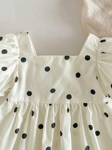 Loomiva Baby Girl Polka Dot Pattern Square Neck Petal Sleeve Cinched Waist Dress - Beige - View 6