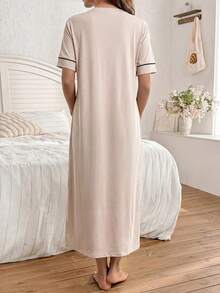 Moonlight&Mama Solid Color Comfortable Fabric Letter Print "MAMA" Front Pocket Snap Button Short Sleeve Maxi Maternity Dress/Nightgown - Apricot - View 2