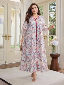 Al Najma Plus Size Women's Loose Arabic Style Midi Dress, 3/4 Sleeve With Chiffon Cuff Splice, Suitable For Summer Everyday Wear - Multicolor - View 7
