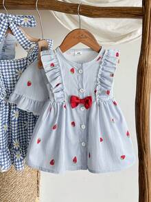 SHEIN Vintaside Kids Summer Newborn Baby Girl Apricot Round Neck Ruffle Cartoon Cherry Print Sleeveless Red Bow Dress With Red Hat Elegant And Cute - Blue - View 4