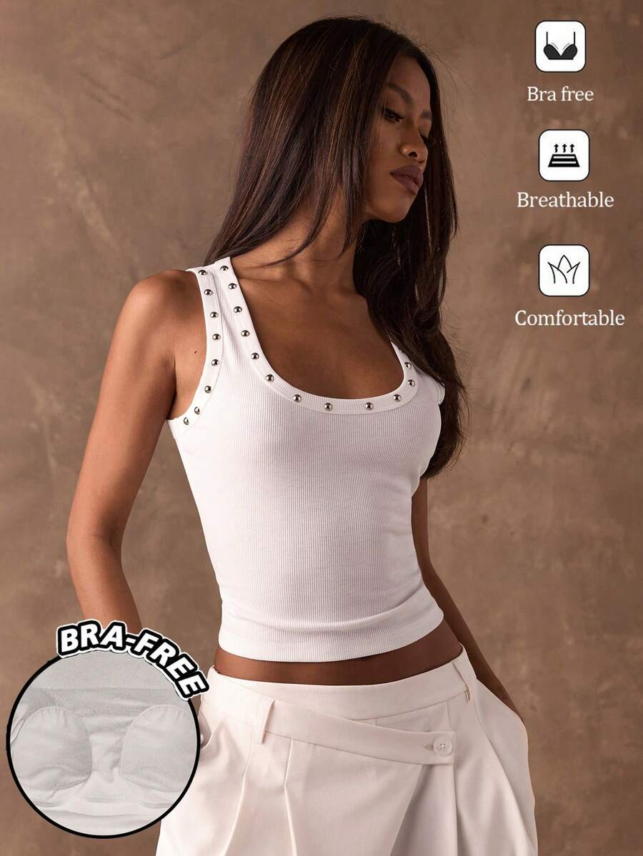 SHEIN BAE Áo tank top không gọng, đính sequin, kiểu dáng thanh lịch, đa năng, phù hợp cho phong cách đường phố cá tính, dự tiệc, đi biển, kỳ nghỉ xuân và trang phục mùa hè cho nữ. - trắng - Xem 1