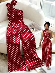 GlowEve CURVE Plus Size Women's Elegant Black & White Polka Dot Asymmetrical Shoulder Jumpsuit, Suitable For Commuting, Spring/Summer - Red - View 1