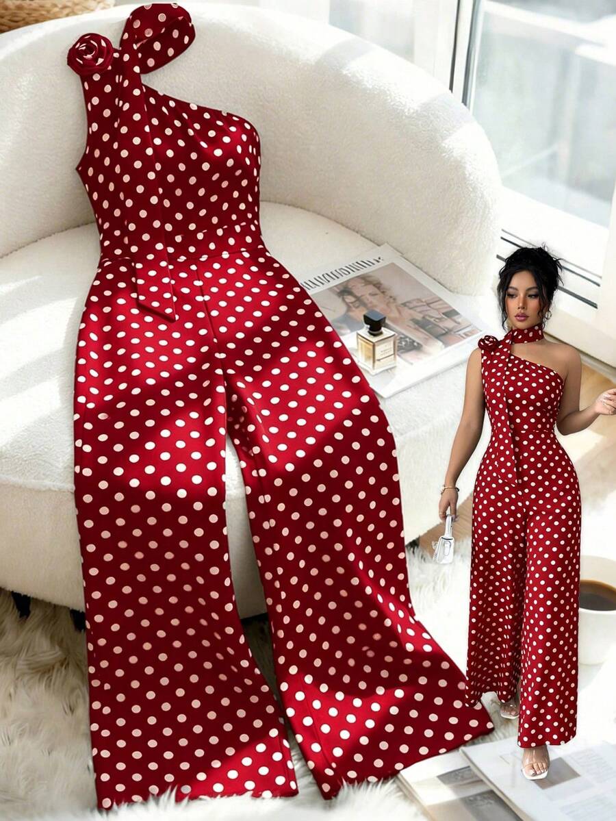 GlowEve CURVE Plus Size Women's Elegant Black & White Polka Dot Asymmetrical Shoulder Jumpsuit, Suitable For Commuting, Spring/Summer - Red - View 1