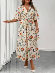 Auvina Vestido maxi de línea A con cuello en V, volantes y mangas cortas, con cintura anudada, para uso diario, talla grande - Multicolor - Ver 4