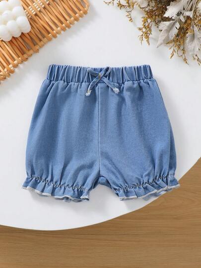Baby Girls' Summer Denim Bloomers, Elastic Waist Bow Ruffle Hem Cute Casual Shorts