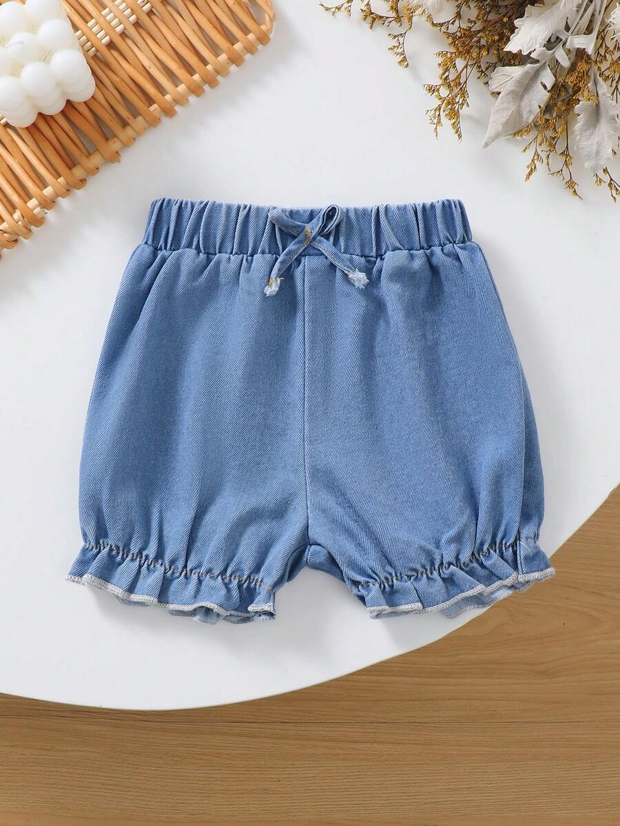 Quần short denim mùa hè cho bé gái, cạp chun, nơ và xếp ly ở gấu quần, kiểu dáng dễ thương, thoải mái. - Màu xanh lam - Xem 1