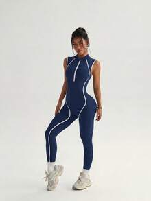 SHEIN Dewbera Quần thể thao liền thân kẻ sọc tương phản dành cho nữ - Màu xanh hải quân - Xem 8