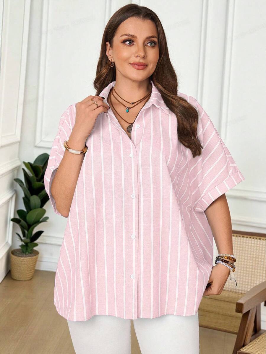 Rosumi Plus Size Line Print Short Sleeve Casual Shirt - Pink - View 1