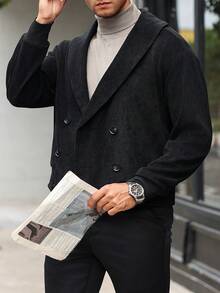 Manfinity Mode 男士秋季休闲披肩领双排扣长袖黑色夹克，秋冬男士，男士夹克。外出轻便夹克，送给朋友、丈夫、男朋友的礼物 - 黑色 - 查看 5
