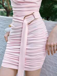Lumivelle Women's Casual Sexy Daily Dress, Draped Neck, Metal Decor, Ruched, Summer Party Night Out Club Pink - Pink - View 6