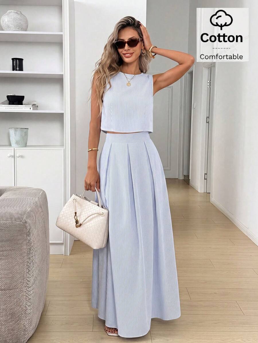 Easowa Conjunto casual de 2 piezas de top de tirantes de cuello redondo a rayas y falda mini plisada para mujer - Azul y blanco - Ver 1