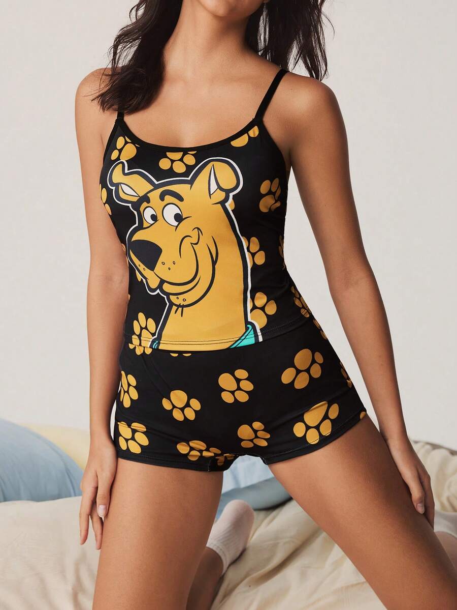 SCOOBY-DOO X SHEIN Set Camisole dan Celana Dalam Boyshort Motif Kartun - Hitam - View 1