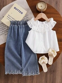 SHEIN 2pcs/Set Girls Casual Ruffle Trim Round Neck Embroidered Lace Vest Top+Denim Flared Leg Pants Suit,Summer,Family Matching,Vacation,Travel Daily Wear - White - View 3