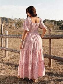 Ceyna Plus Size Dusty Pink Ditsy Floral Casual Boho Cottage Core Elegant Batwing Sleeve Dress, Spring/Summer Vacation Formal Vacation Vacation - Pink - View 2