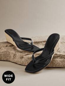 SHUZIA Beautiful Women's Black Faux Leather Pu Wide-Fit Short Espadrille Thong Wedge, Non Slip Slide-In Comfort Square Toe Spring Summer Chic Holiday Beach Fun Shoes Plus Size - Black - View 3