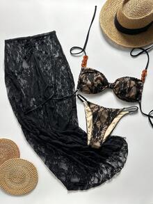 Swim SXY 3 Stücke Spitze Maxikleid, Bikini Bademode Set, sexy Trägerkleid mit Perlenverzierung, geeignet für Strand, Resort, Pool Party - Schwarz - Übersicht 2