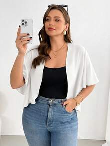 SHEIN Essnce 大码女装春夏时尚休闲舒适日常百搭短袖黑色开衫，夏季外套，外出上衣，办公穿着，度假装扮 - 白色 - 查看 4