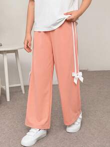 SHEIN 2pcs/Set Tween Girls Casual Retro Oversized Raglan Sleeve Contrast Color Bow Print Round Neck T-Shirt And Straight Leg Sweatpants Knit Suit, Pink - Pink - View 5
