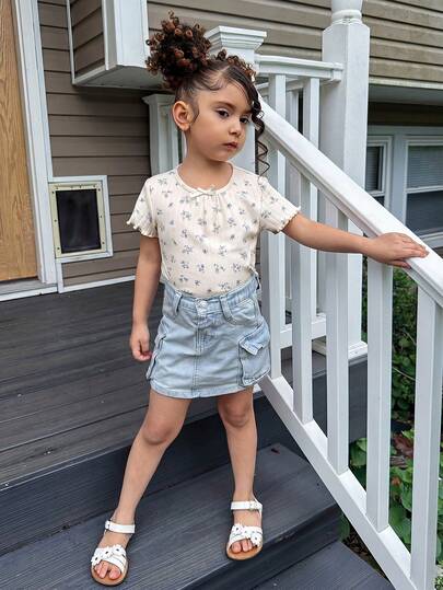 Dazy Kids 圆领套头衫，碎花蝴蝶结装饰，女童夏季T恤