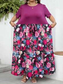 SHEIN CURVE+ Curve 尺码 US22 音乐节、海滨度假、波西米亚风夏季休闲度假印花拼接短袖连衣裙长裙 - 紫色 - 查看 8
