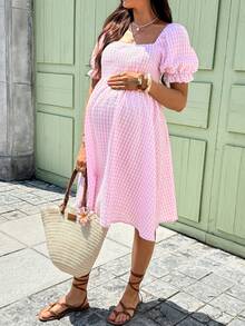 SHEIN Đầm bầu mùa hè kiểu đồng quê ngọt ngào dễ thương họa tiết kẻ caro cổ vuông tay cánh hoa thắt eo dáng midi - Hồng - Xem 6
