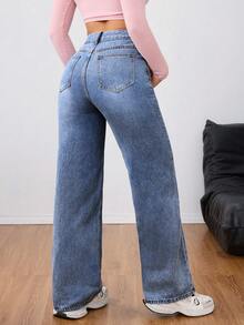 Jeanoix Women's Fashion Versatile Pocketed Zipper Loose Straight Leg Jeans - Dark Wash - View 2