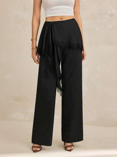 SHEIN Tall 2026 Nuevos Pantalones Anchos de Verano para Mujer con Encaje Minimalista, Parche y Volante en el Bajo, Versátiles y Cómodos para el Día a Día