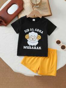 2pcs/Set Baby Boy Black Summer Casual Birthday Outfit,Soft Vacation Clothes For Spring&Summer - Yellow - View 8