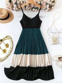 SHEIN LUNE Plus Size Women's Colorblock Pleated Design Spaghetti Strap Dress - Multicolor - View 2