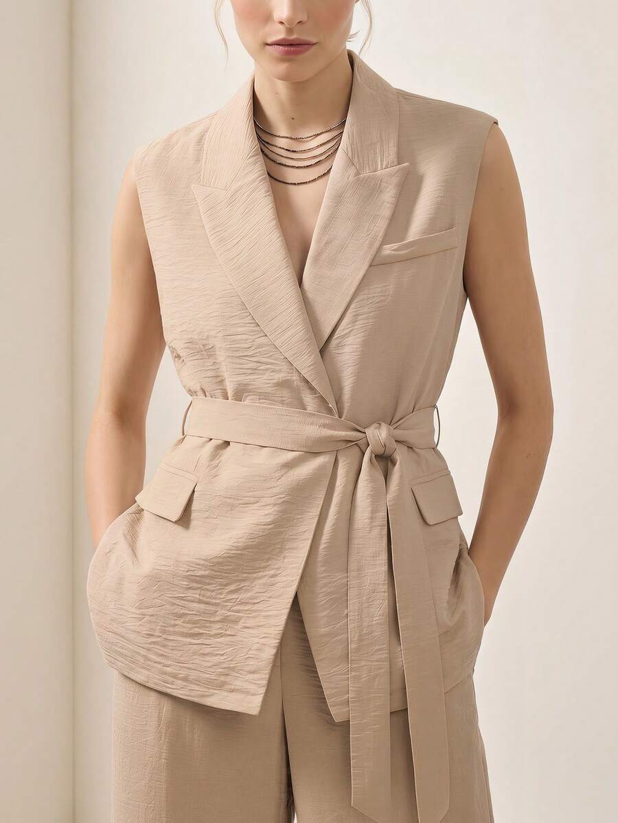 Briarwyn Camisa Casual/Trabalho Feminina de Cor Sólida com Gola Mandarim e Sem Mangas - Damasco - Visão 1