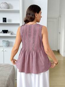 SHEIN LUNE Débardeur décontracté à col rond avec volant à l'ourlet pour femmes grandes tailles, motif à carreaux - Multicolore - Voir 3