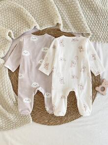 2 paquetes de mamelucos para bebés recién nacidos, con estampados lindos de nubes, estrellas y osos, de manga larga y con pies, suaves y cómodos - Multicolor - Ver 2