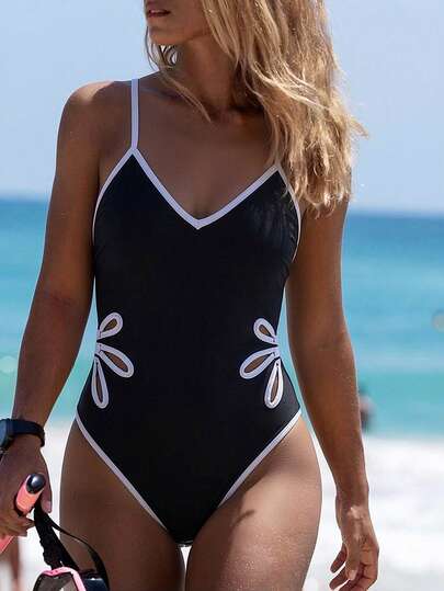 Swim SPRTY Women's One-Piece Swimsuit, Black & White Contrast Color, Waist Cutout, Backless Design, Slimming, Suitable For Beach & Holiday