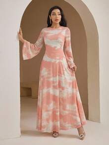 Veilorie Đầm dự tiệc kiểu Ả Rập thanh lịch, xếp ly, cổ tròn, nhuộm tie-dye dành cho nữ. - trái cam - Xem 3