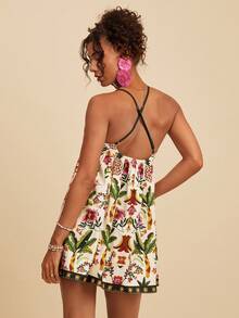 Travachic Women's Sleeveless Floral Print Vacation Mini Dress, Waist Cinched Umbrella, Elegant Tropical Slim Fit, Spring/Summer Beach Rainbow - Multicolor - View 2