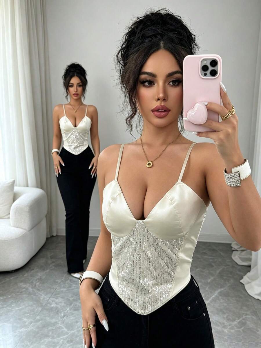 Elenzga Áo tank top crop top dây mảnh màu sâm panh gợi cảm đính sequin, áo camisole ôm sát tôn dáng thanh lịch dự tiệc. - Rượu sâm banh - Xem 1