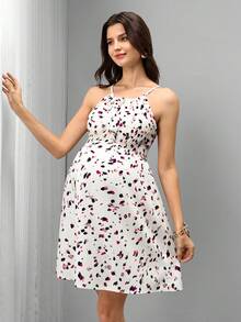 SHEIN Women's Summer Waist Cinched Maternity Vacation Date Civil Wedding Ditsy Floral Sleeveless Spaghetti Strap Dress White - Multicolor - View 3