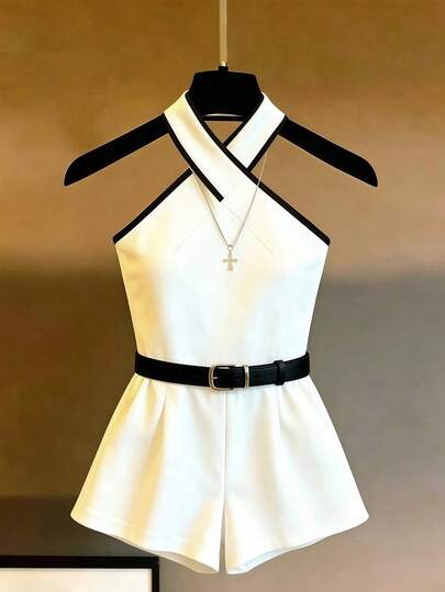 GlowEve Women's Casual Neck-Tie Color Block Romper For Daily Wear