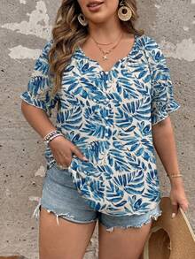 Ceyna Plus Size Women's French Minimalist Casual Ditsy Floral Short Sleeve Shirt, Summer - Blue - View 4