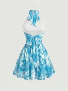 SHEIN MOD Backless Bow Tie Flowing Abstract Floral Mini Dress,Dresses For Women Summer - Teal Blue - View 2