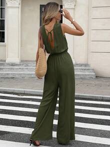 Serisse Jumpsuit Tanpa Lengan Warna Polos Kasual untuk Liburan Wanita - Hijau Tentara - View 2