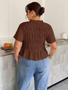 Firerie Plus Size Women's Solid Color Short Sleeve Pleated Single-Breasted Casual Shirt - Coffee Brown - View 4