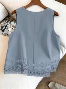 Modelyn Áo tank top nữ cỡ lớn, cổ tròn, viền hoa 3D thanh lịch, thời trang, tôn dáng, đa năng, thích hợp cho mùa hè. - Màu xanh lam - Xem 2