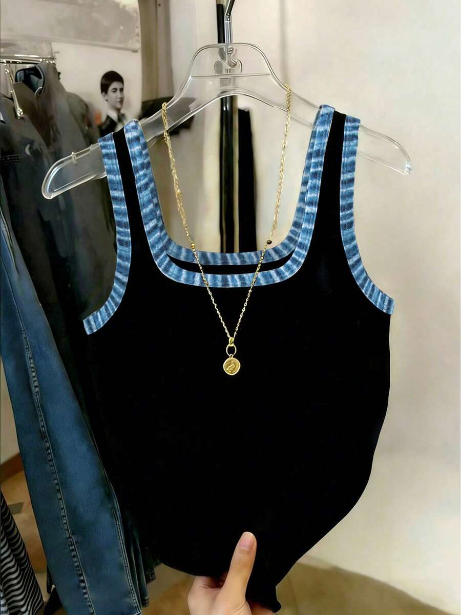 Elladie kids 少女修身黑色撞色背心，适合日常穿着、外出、休闲时尚