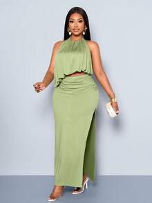 SOLERSUN Vestido de mujer talla grande con cuello halter y drapeado en un solo color - Adecuado para varias ocasiones. - Verde - Ver 7