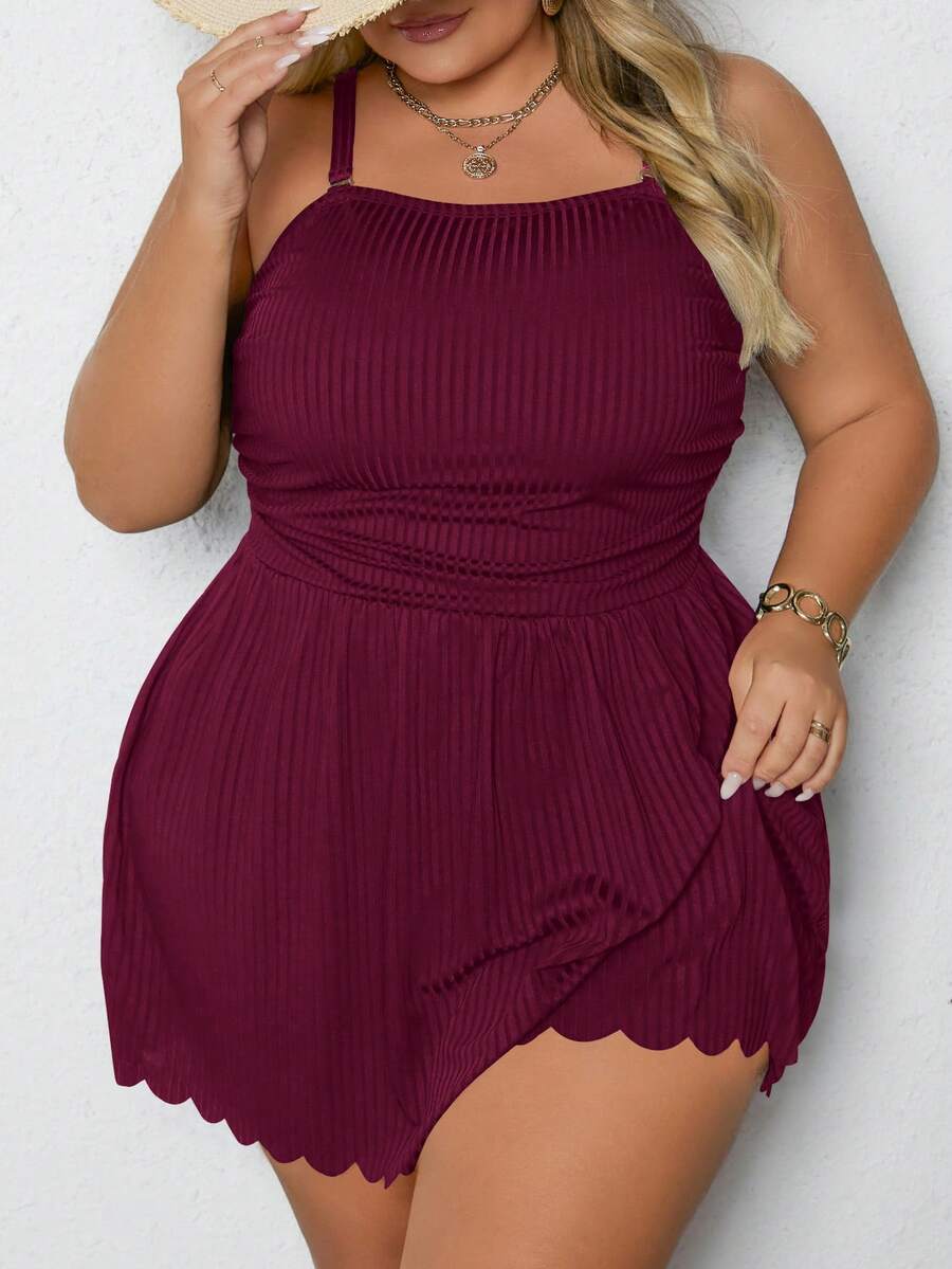 SHEIN CURVE+ Plus Size Women Ruched Spaghetti Strap Tankini Top And Triangle Bottoms Swimsuit Set - Burgundy - View 1